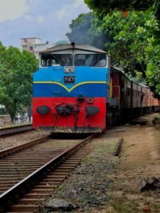 A vibrant train travels through lush greenery on a railway in Colombo, Sri Lanka.